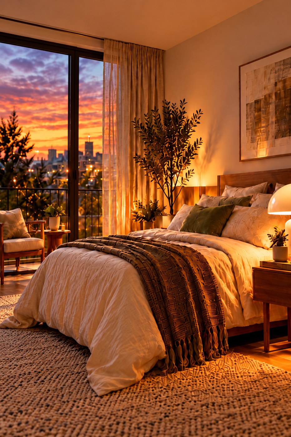 Une chambre accueillante au coucher du soleil, visuel d’ambiance