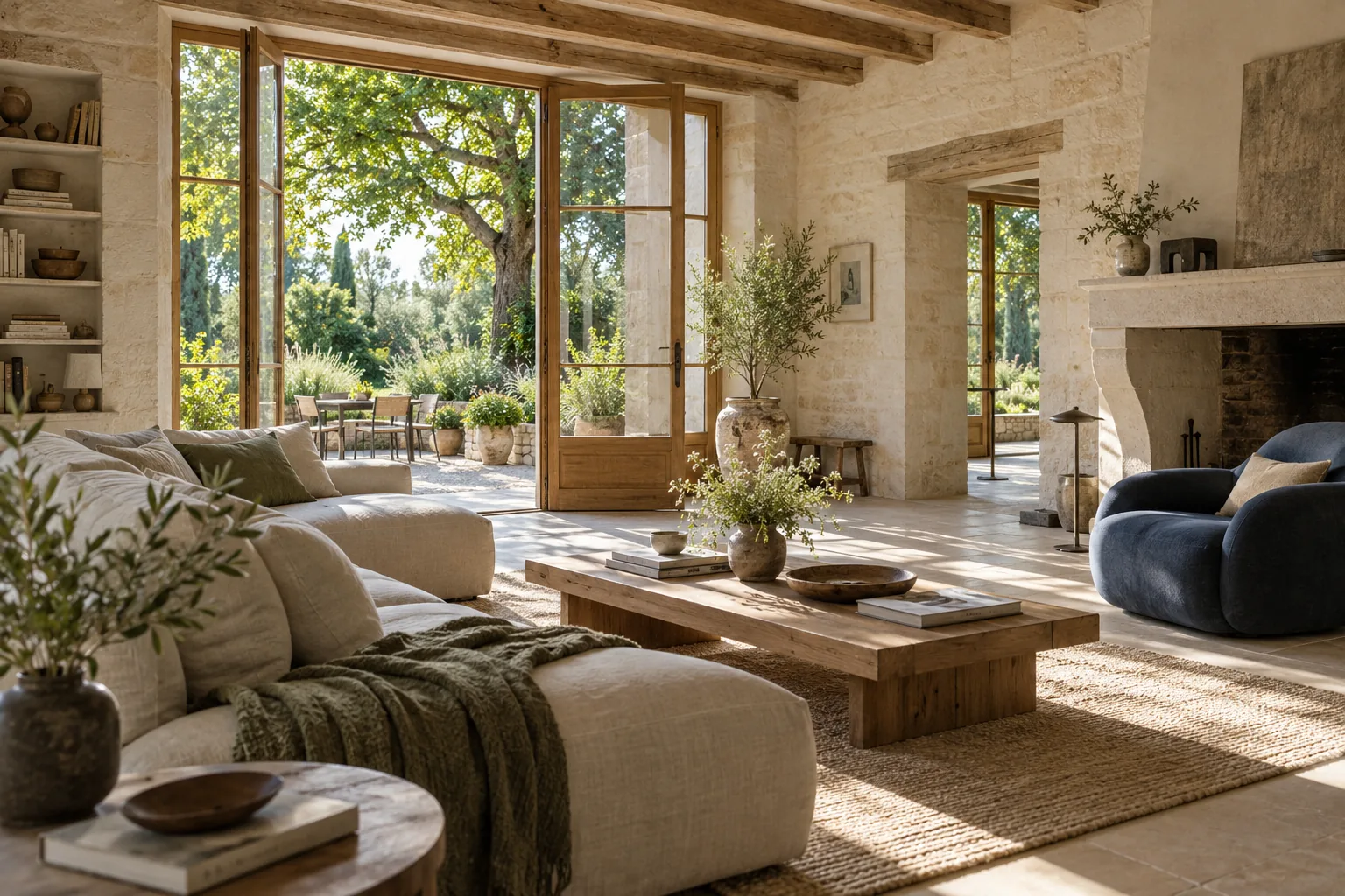 Maison en pierre, bois et lin ouverte sur un jardin arboré, visuel d’ambiance