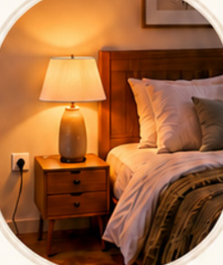 Lampe et câbles près du lit